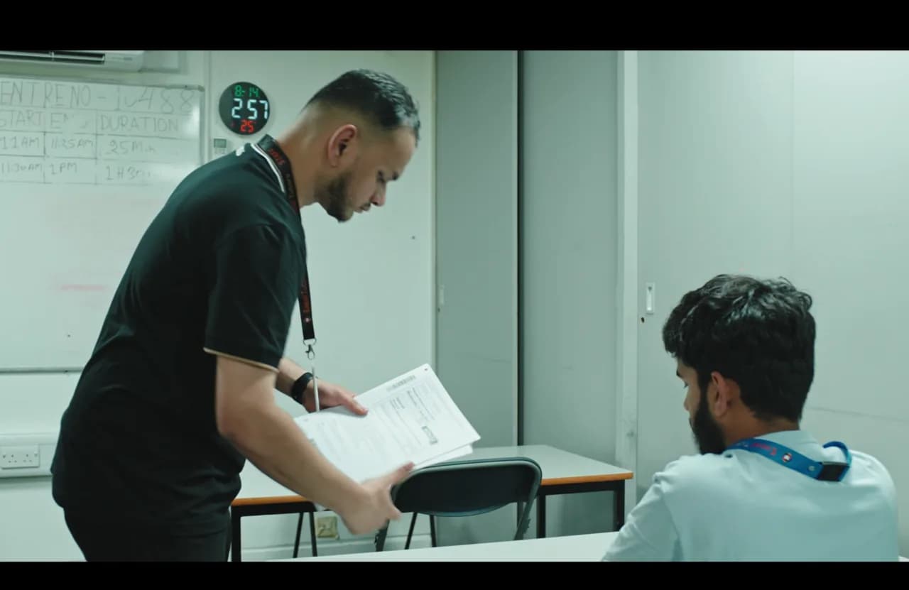 An invigilator handing an exam paper to a candidate at the Excel Tutors exam centre